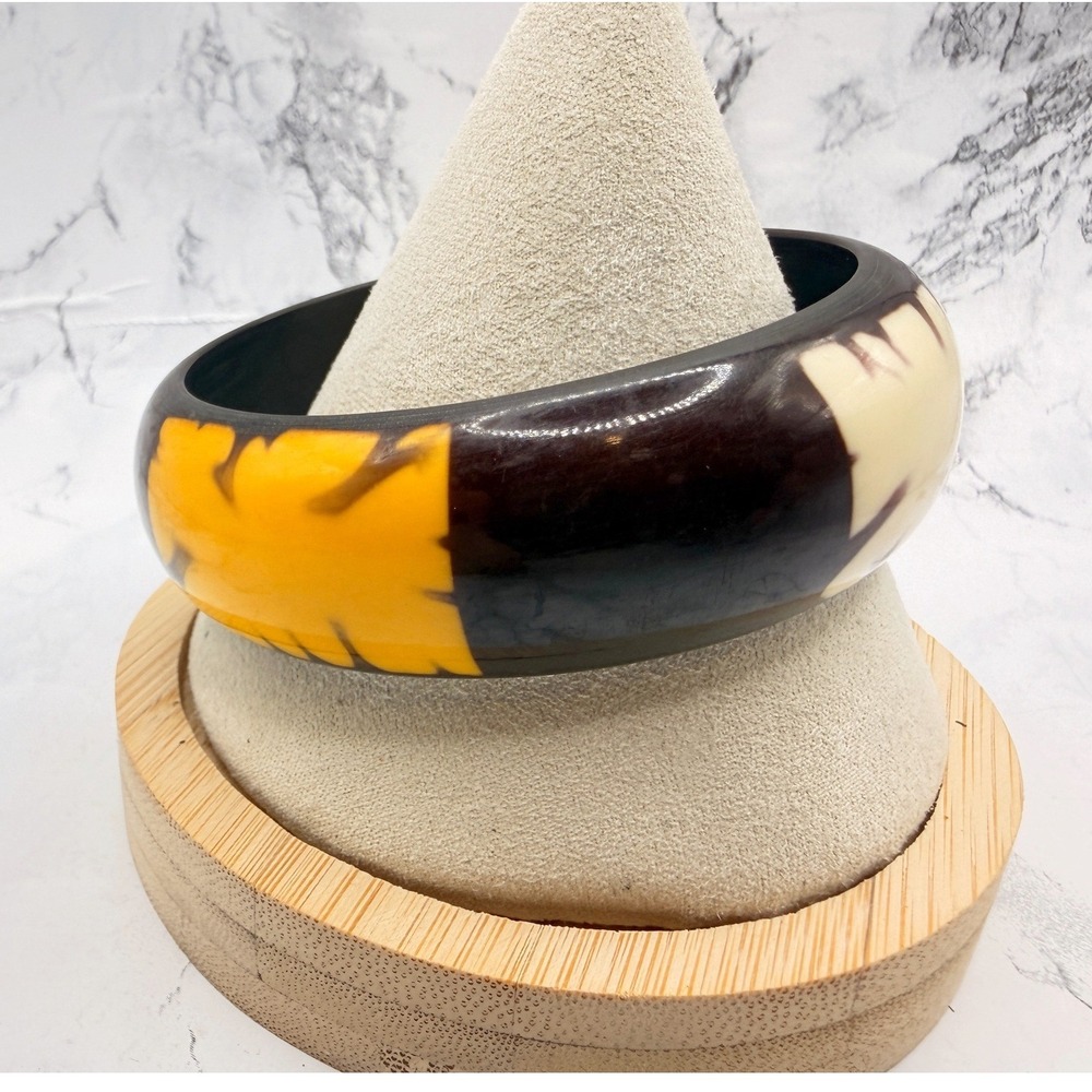 Chunky Resin Bangle Bracelet Cream Yellow Dark Brown Retro Mod 8.5 Inch